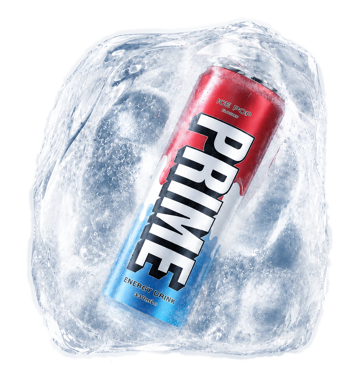 PRIME Ice Pop can frozen inside a block of ice